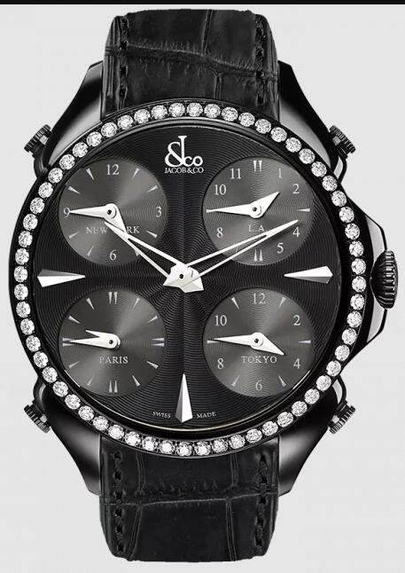 Jacob & Co. PALATIAL FIVE TIME ZONE BLACK PVD COATING, WHITE DIAMONDS Watch Replica PZ500.11.RO.LA.A Jacob and Co Watch Price